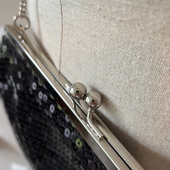 LOFT Black sequined clutch purse with silver metal trim and chain - Picture 4 of 6